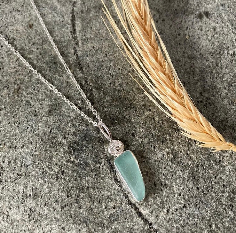 Aqua Sea Glass Shell Necklace