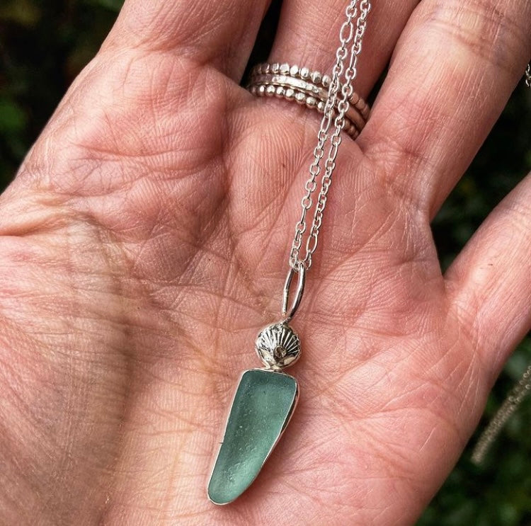 Aqua Sea Glass Shell Necklace