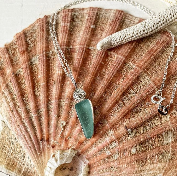 Aqua Sea Glass Shell Necklace