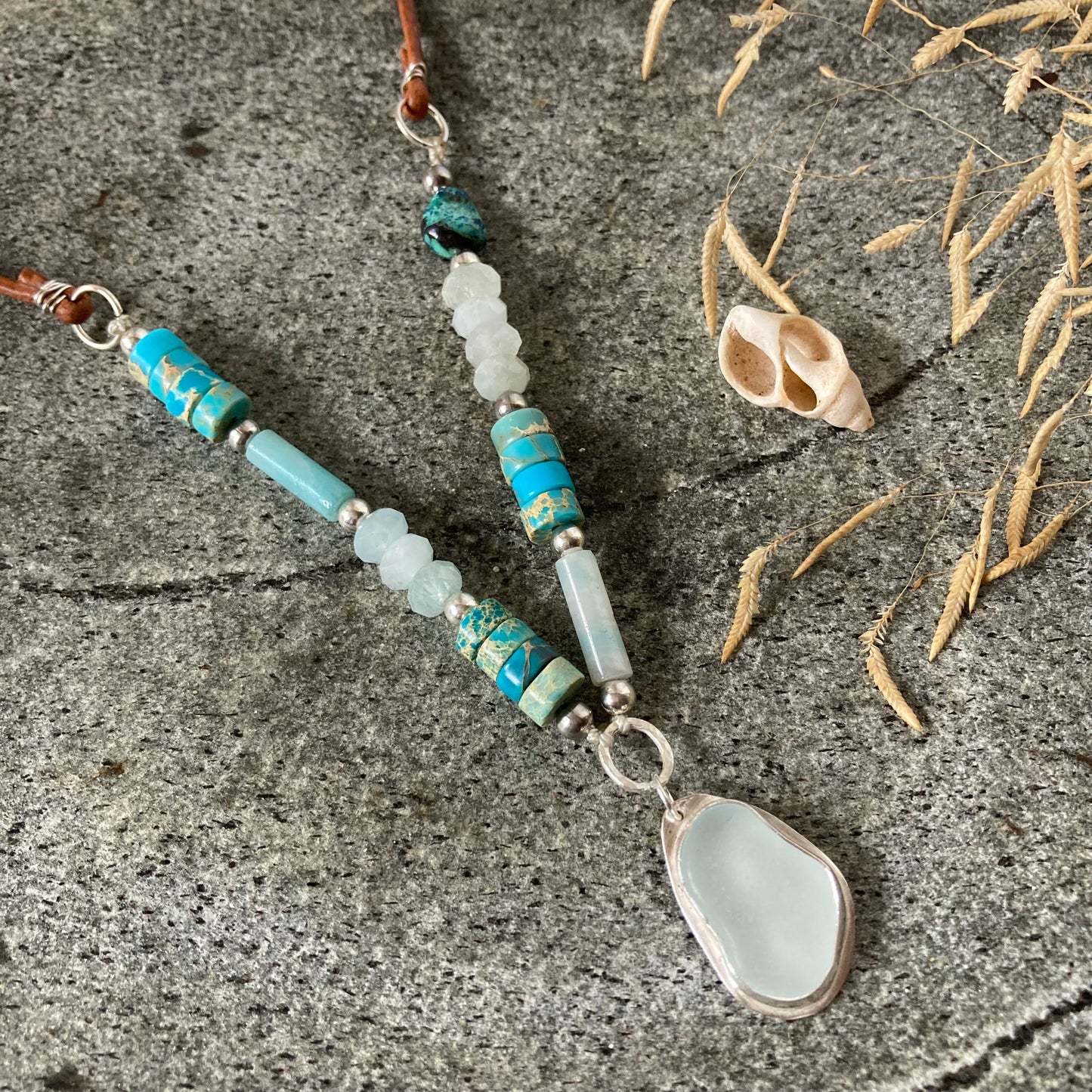 Blue Beaded Sea Glass Necklace