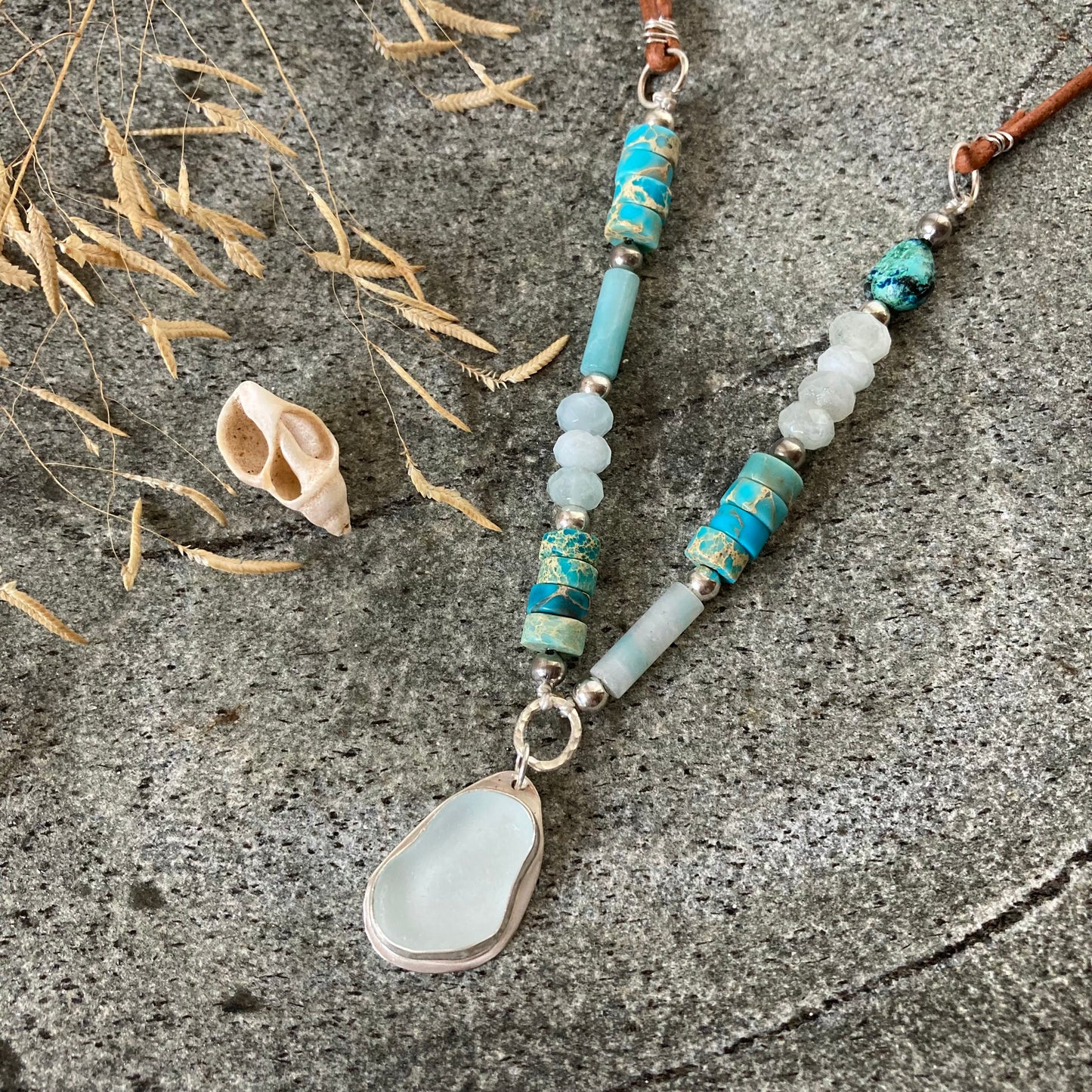 Blue Beaded Sea Glass Necklace