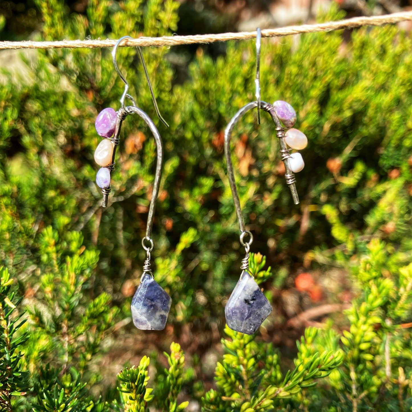 Iolite Sunstone Statement Silver Earrings