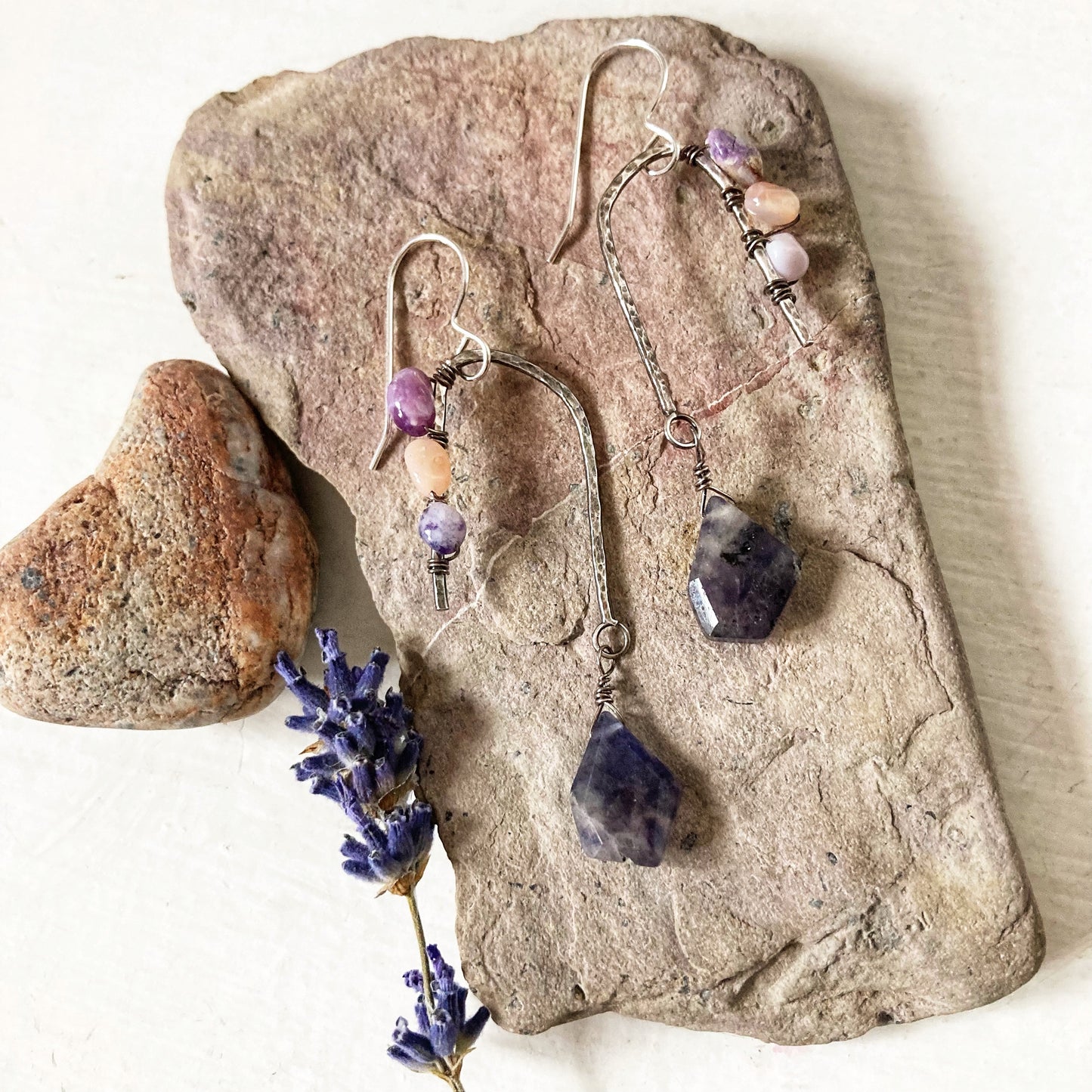 Iolite Sunstone Statement Silver Earrings